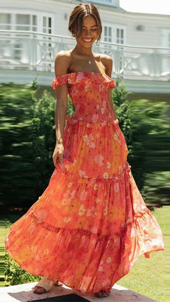 Orange Floral Off Shoulder Dress