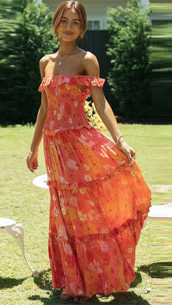 Orange Floral Off Shoulder Dress