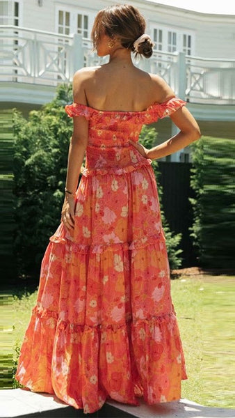 Orange Floral Off Shoulder Dress