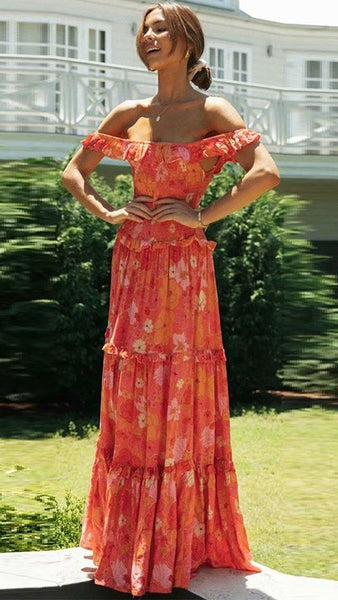 Orange Floral Off Shoulder Dress