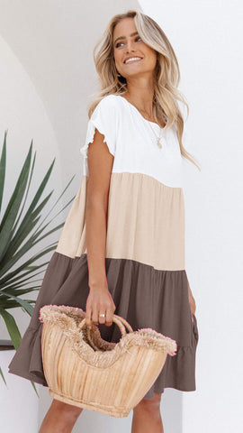 Brown Color Block Babydoll Dress