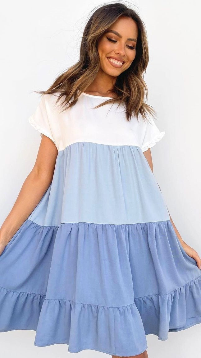 Blue Color Block Babydoll Dress