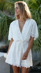 White Patched Lace Waist-Tie Rompers