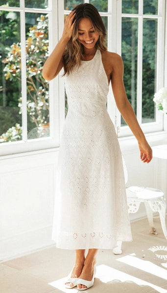 White Lace Halter Backless Dress