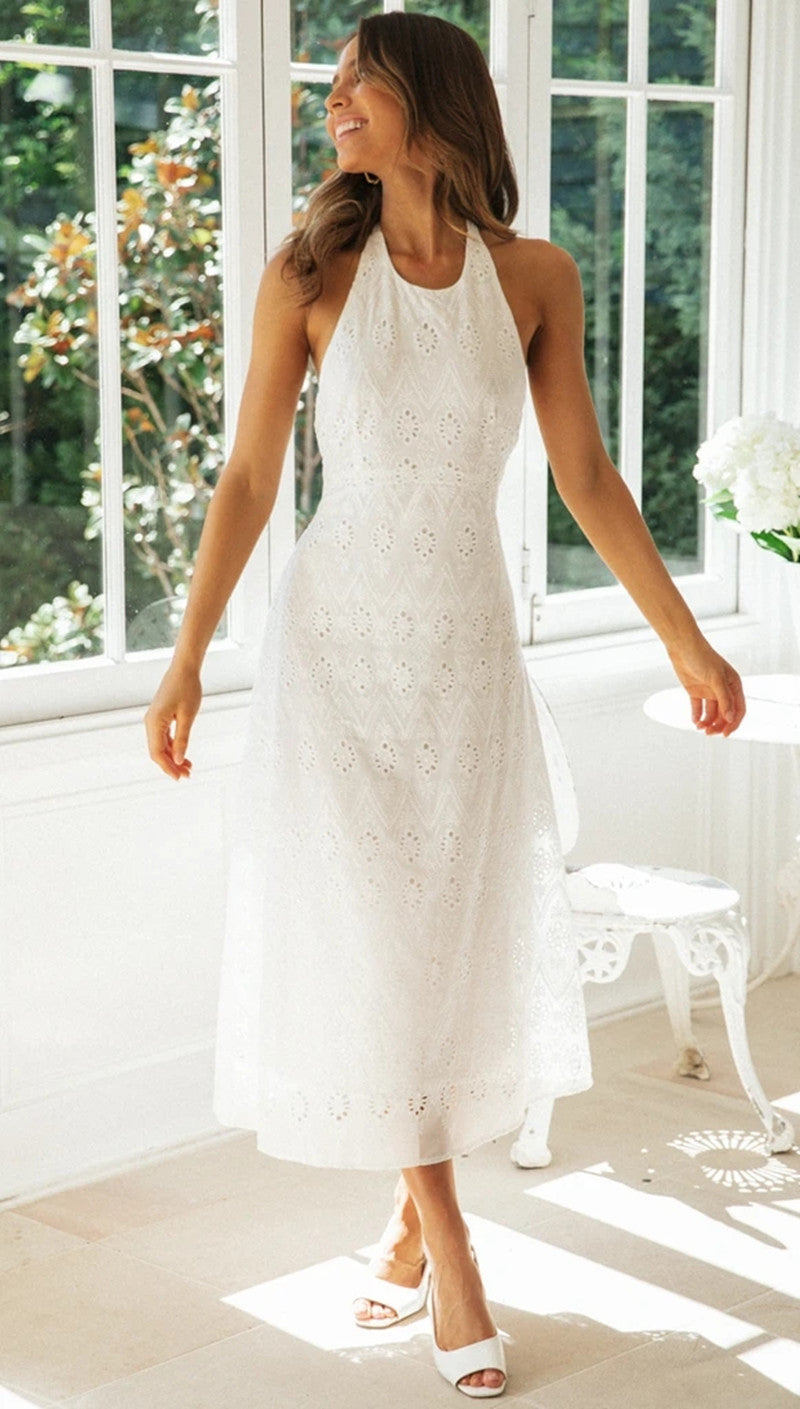 White Lace Halter Backless Dress