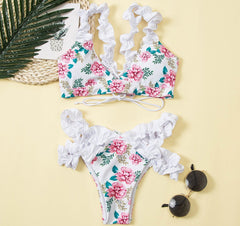 Rose Print Ruffled Straps Triangle Bikini Sets