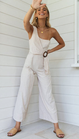 Beige One-Shoulder Jumpsuit