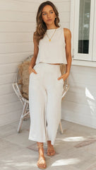 Beige Buttoned Tank and Pants Matching Sets