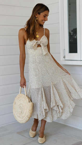 Beige Leopard Print Bowknot Slip Dress