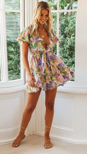 Purple Floral Front Knot Dress