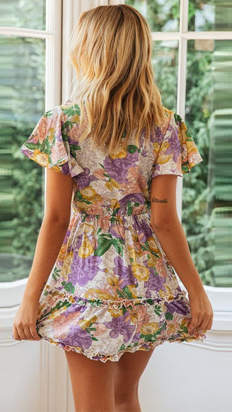 Purple Floral Front Knot Dress