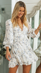 White Floral Plunging Long Sleeve Rompers