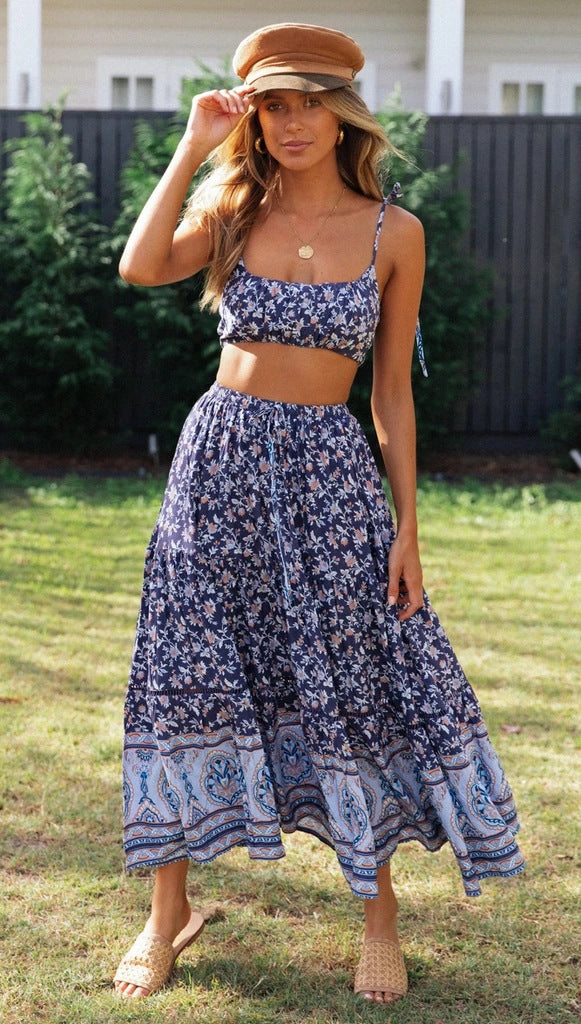 Navy Floral Cami Top and Skirt Matching Sets