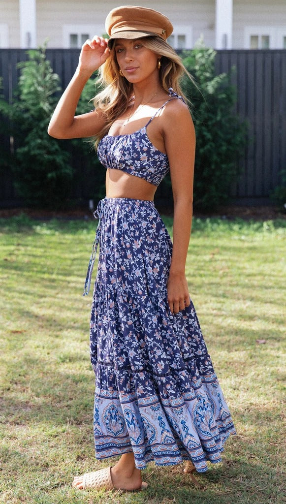 Navy Floral Cami Top and Skirt Matching Sets
