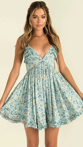 Aqua Floral Frill Trim Mini Dress