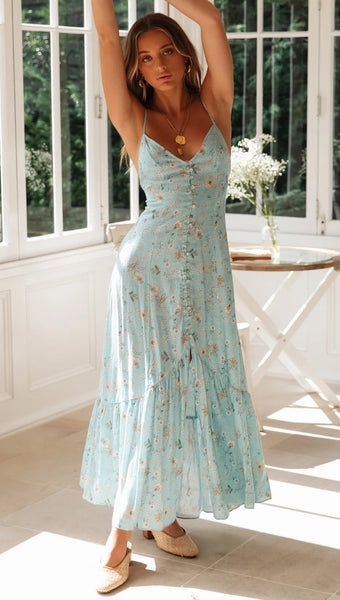 Blue Floral Button Down Backless Dress – Gabi Swimwear