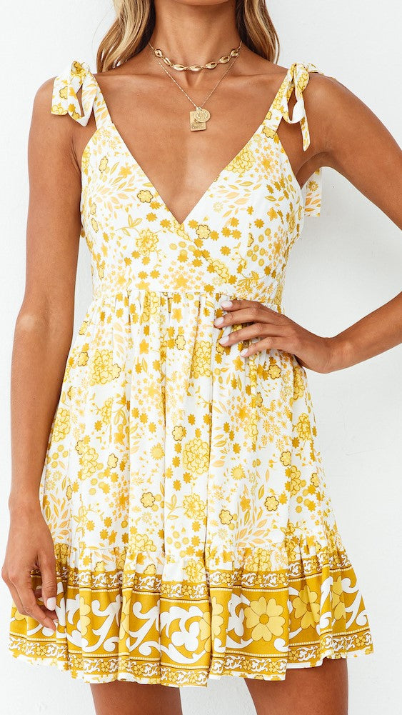 Yellow Floral Shoulder-Tie Backless Dress
