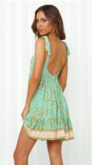 Mint Foliage Shoulder-Tie Backless Dress