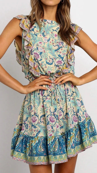 Multicolor Floral Sleeveless Frill Trim Dress