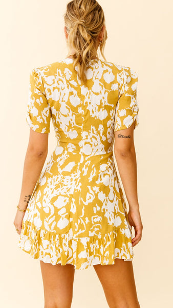 Mustard Stencil Print Ruched Sleeve Tea Dress