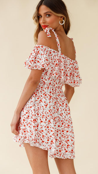 White Floral Shouler-Tie Frill Dress