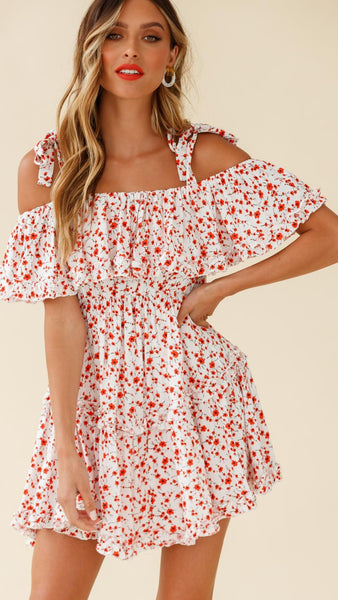 White Floral Shouler-Tie Frill Dress