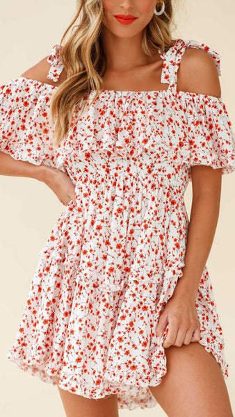 White Floral Shouler-Tie Frill Dress