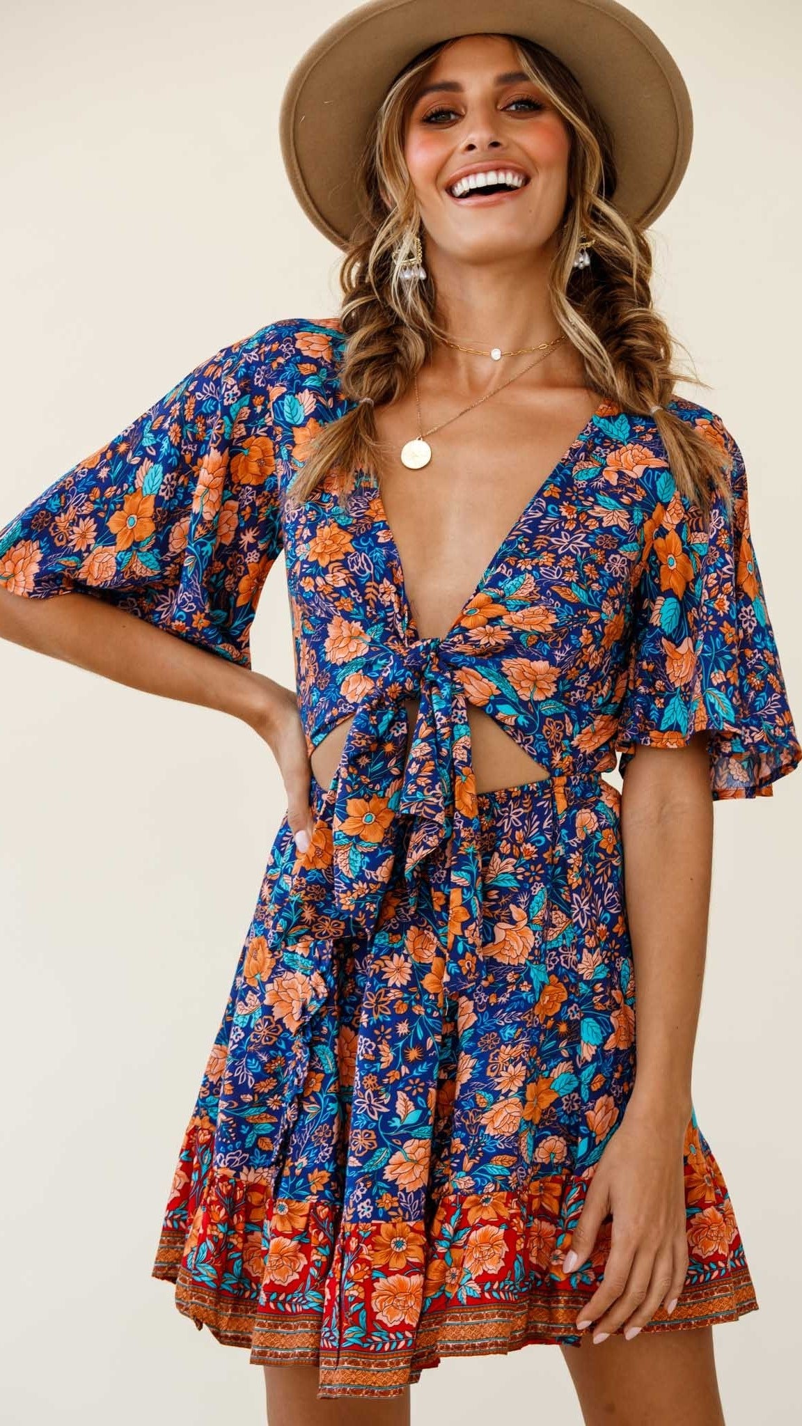 Navy Floral Tie-Knot Bust A-Line Dress