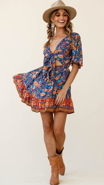 Navy Floral Tie-Knot Bust A-Line Dress