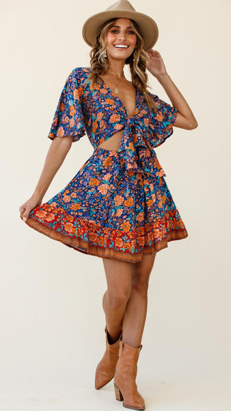 Navy Floral Tie-Knot Bust A-Line Dress