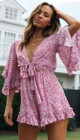 Pink Floral Knot Flare Rompers