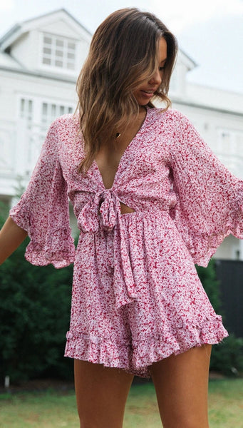 Pink Floral Knot Flare Rompers