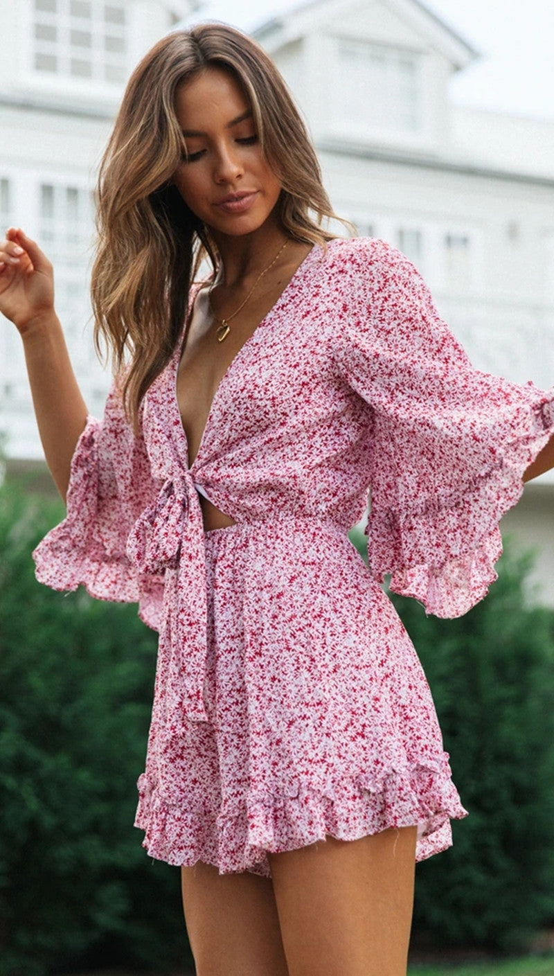 Pink Floral Knot Flare Rompers