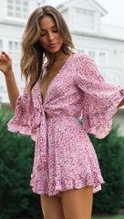 Pink Floral Knot Flare Rompers