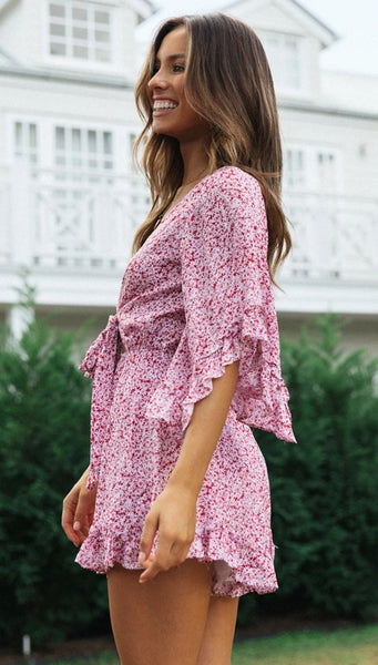 Pink Floral Knot Flare Rompers