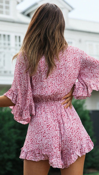 Pink Floral Knot Flare Rompers