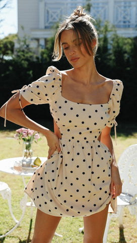 Beige Polka Dot Print Mini Dress