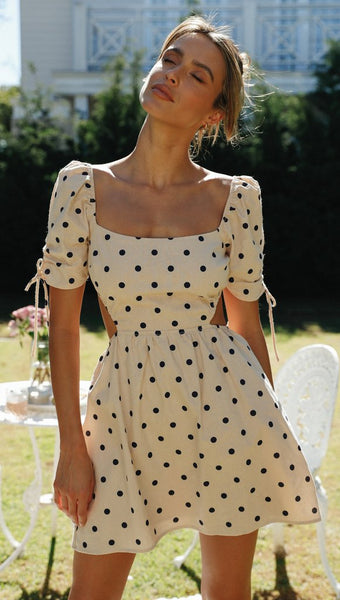 Beige Polka Dot Print Mini Dress