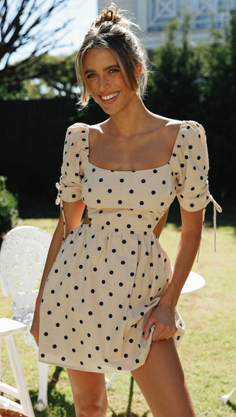 Beige Polka Dot Print Mini Dress