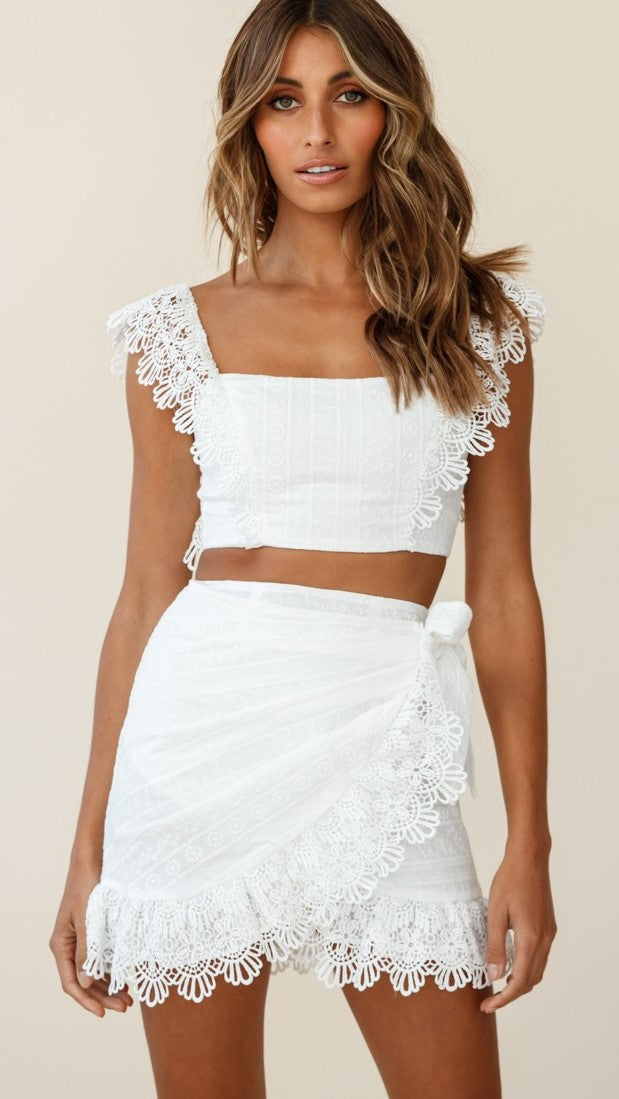 White Sonnet Lace Crop Top and Skirt Sets