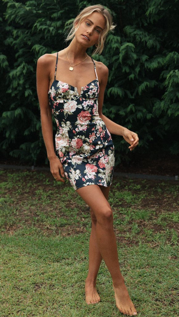 Black Floral Lace-Up Backless Dress Gabi Swimwear Black Floral Lace-Up Backless Dress Gabi Swimwear