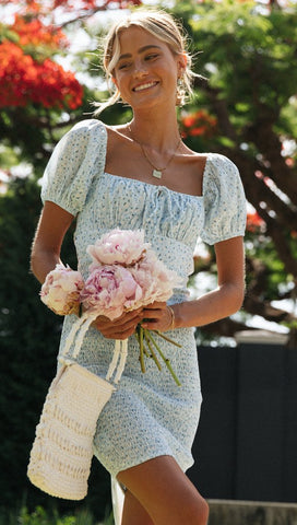 Dainty Blue Floral Smocked Bodycon Dress