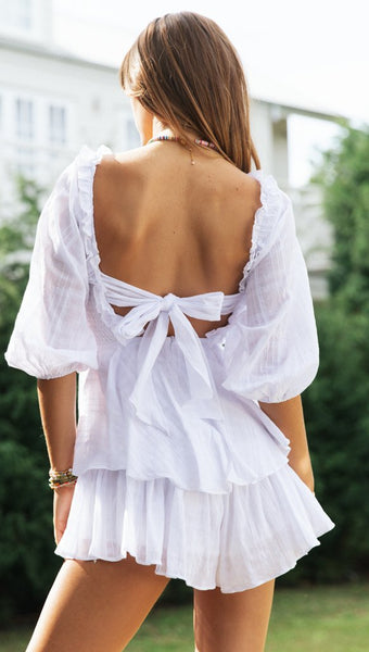 White Smocked Back-Bowtie Rompers