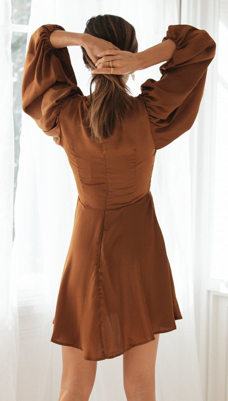 Coffee Bell Sleeves Knot Dress