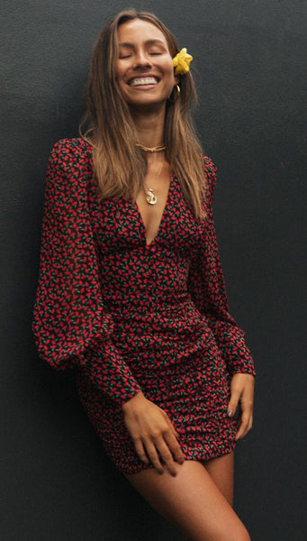 Red Floral Long Sleeves Bodycon Dress