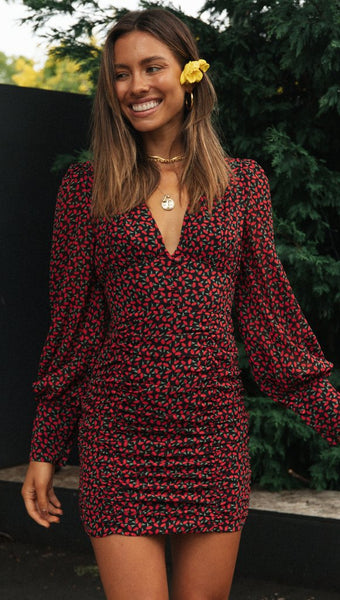 Red Floral Long Sleeves Bodycon Dress