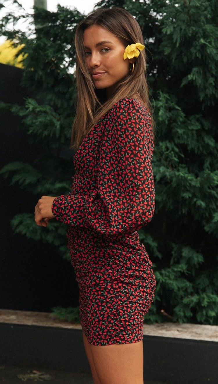 Red Floral Long Sleeves Bodycon Dress