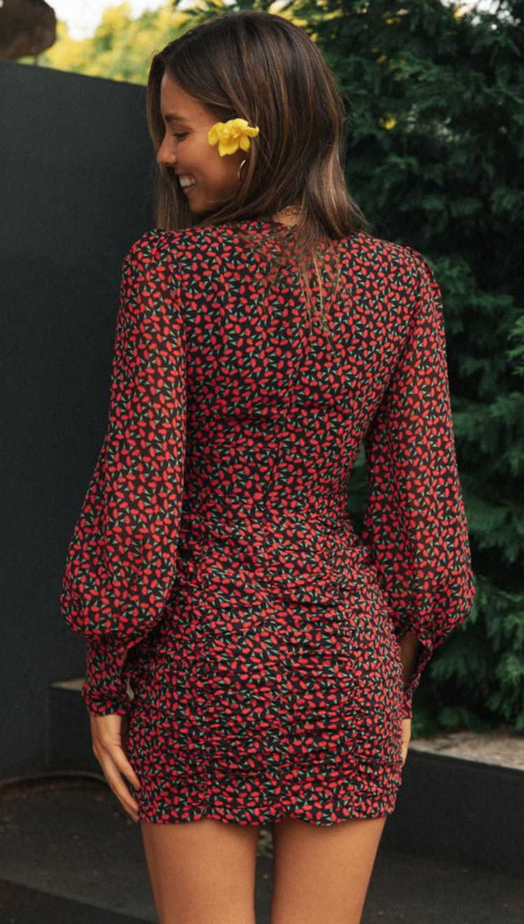 Red Floral Long Sleeves Bodycon Dress