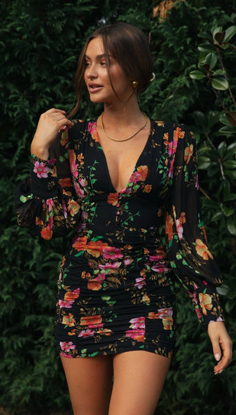 Retro Floral Long Sleeves Bodycon Dress