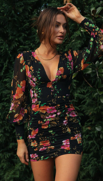 Retro Floral Long Sleeves Bodycon Dress